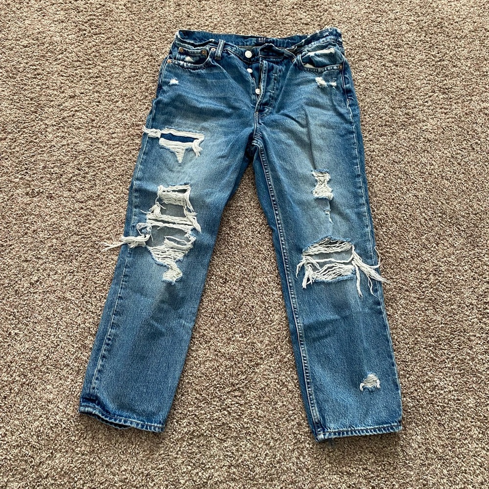 Gap distressed “cheeky straight” jeans.